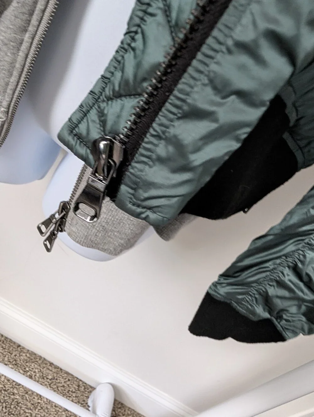 Men's Quilted Bomber Jacket in Deep Green with Grey Hoodie Layer